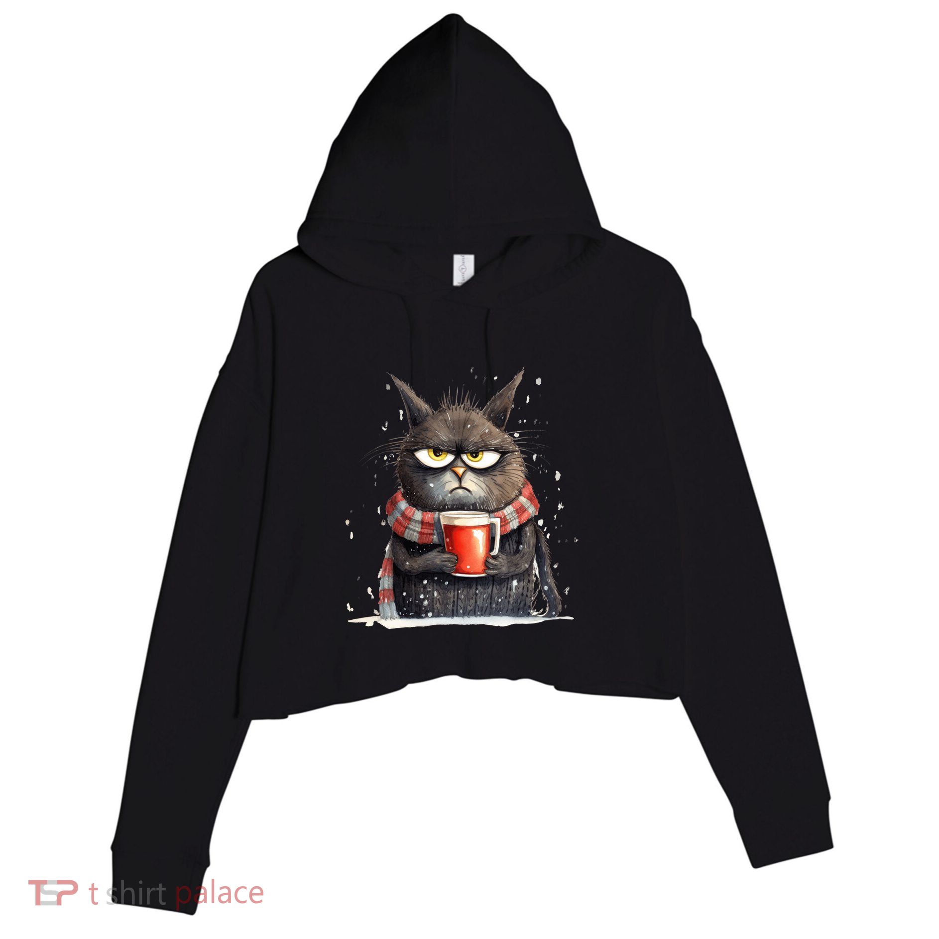 Christmas Cat Mulled Wine Crop Fleece Hoodie