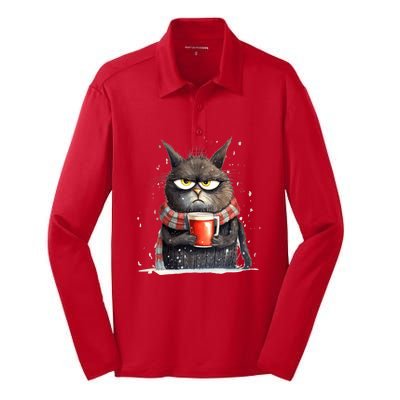 Christmas Cat Mulled Wine Silk Touch Performance Long Sleeve Polo