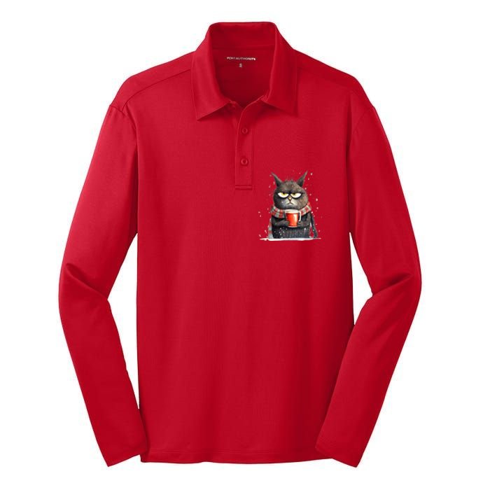 Christmas Cat Mulled Wine Silk Touch Performance Long Sleeve Polo