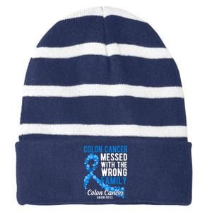 Colon Cancer Messed With Wrong Family Colon Cancer Awareness Striped Beanie with Solid Band