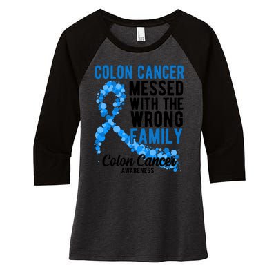 Colon Cancer Messed With Wrong Family Colon Cancer Awareness Women's Tri-Blend 3/4-Sleeve Raglan Shirt