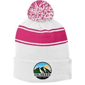 Cool Colorado Mountain Retro Sunset Novelty Fashion Stripe Pom Pom Beanie