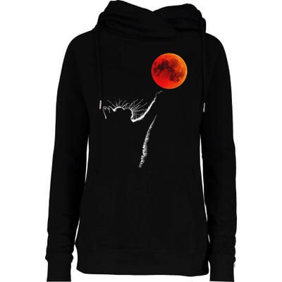 Curious Cat Meets The Blood Moon Lunar Eclipse 14 March 2025 Womens Funnel Neck Pullover Hood