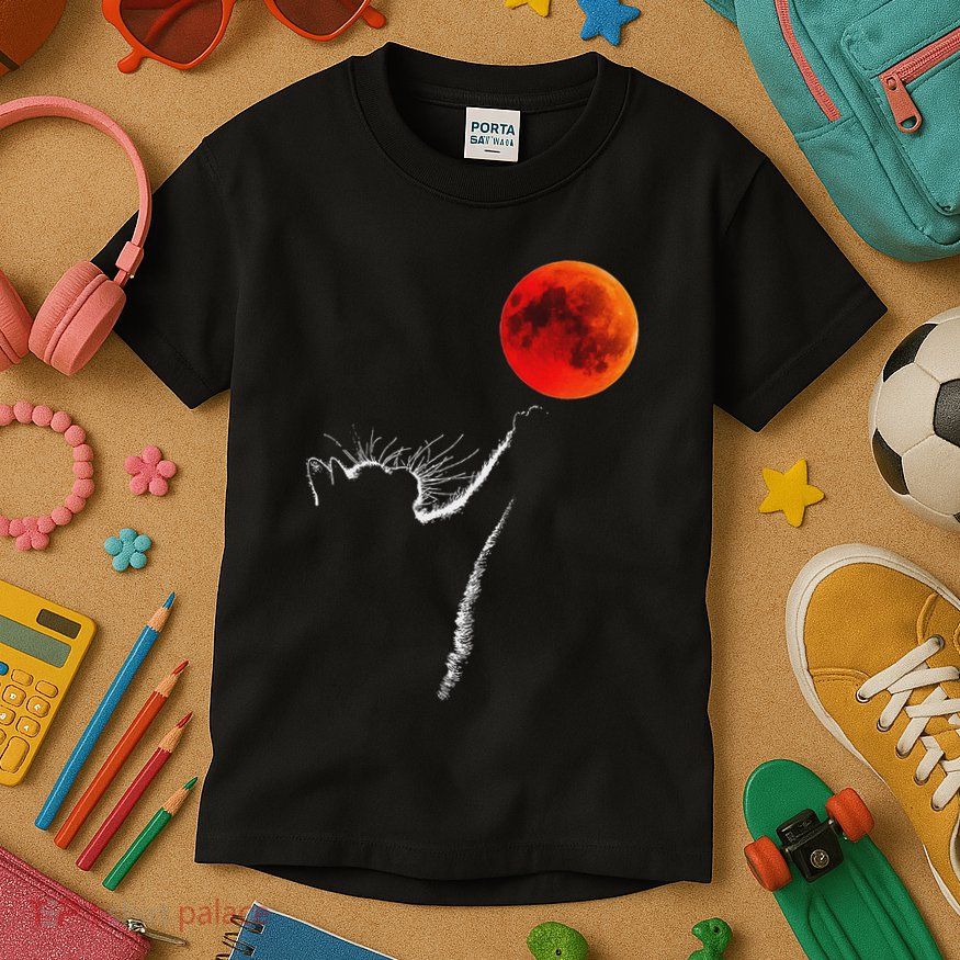 Curious Cat Meets The Blood Moon Lunar Eclipse 14 March 2025 Kids T-Shirt