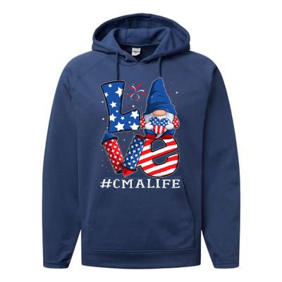 Cma Certified Medical Assistant Love 4th Of July Gnome Usa Gift Performance Fleece Hoodie