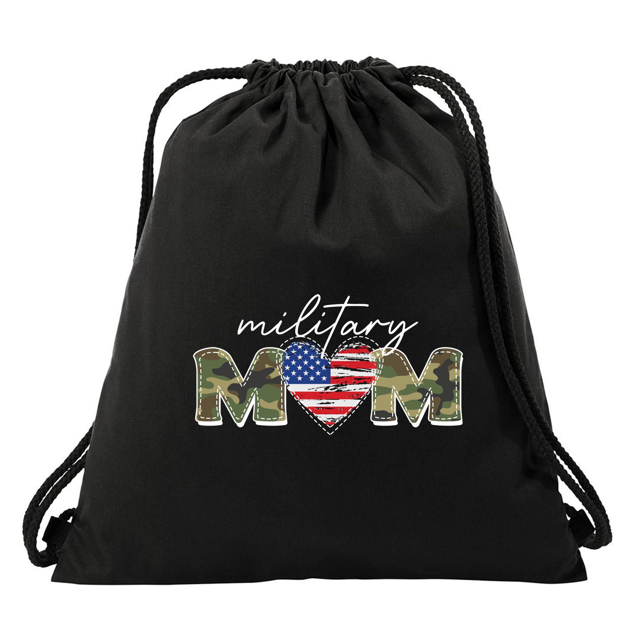 Cute Camouflage Military Mom American Flag Heart Drawstring Bag