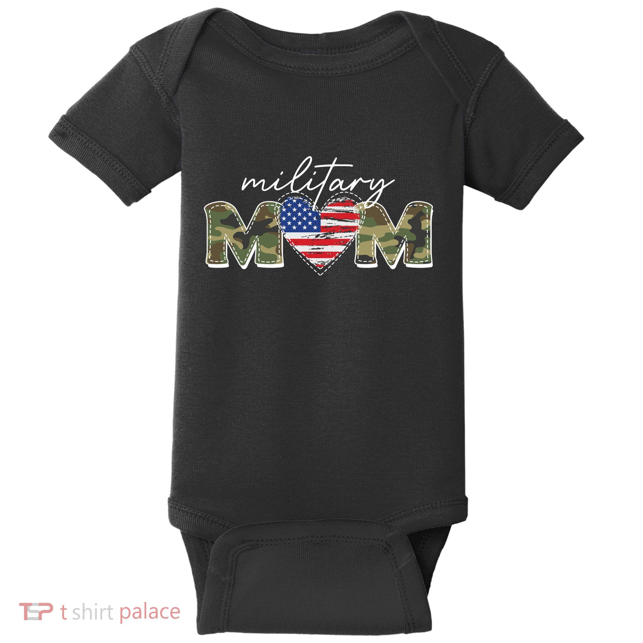 Cute Camouflage Military Mom American Flag Heart Baby Bodysuit