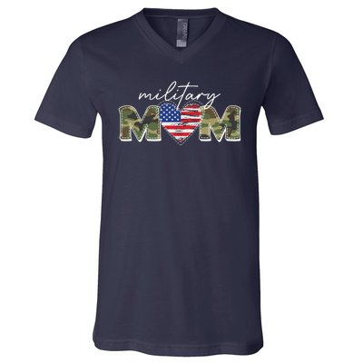 Cute Camouflage Military Mom American Flag Heart V-Neck T-Shirt