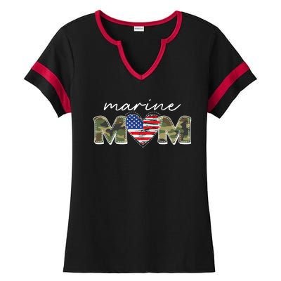 Cute Camouflage Marine Mom American Flag Heart Ladies Halftime Notch Neck Tee