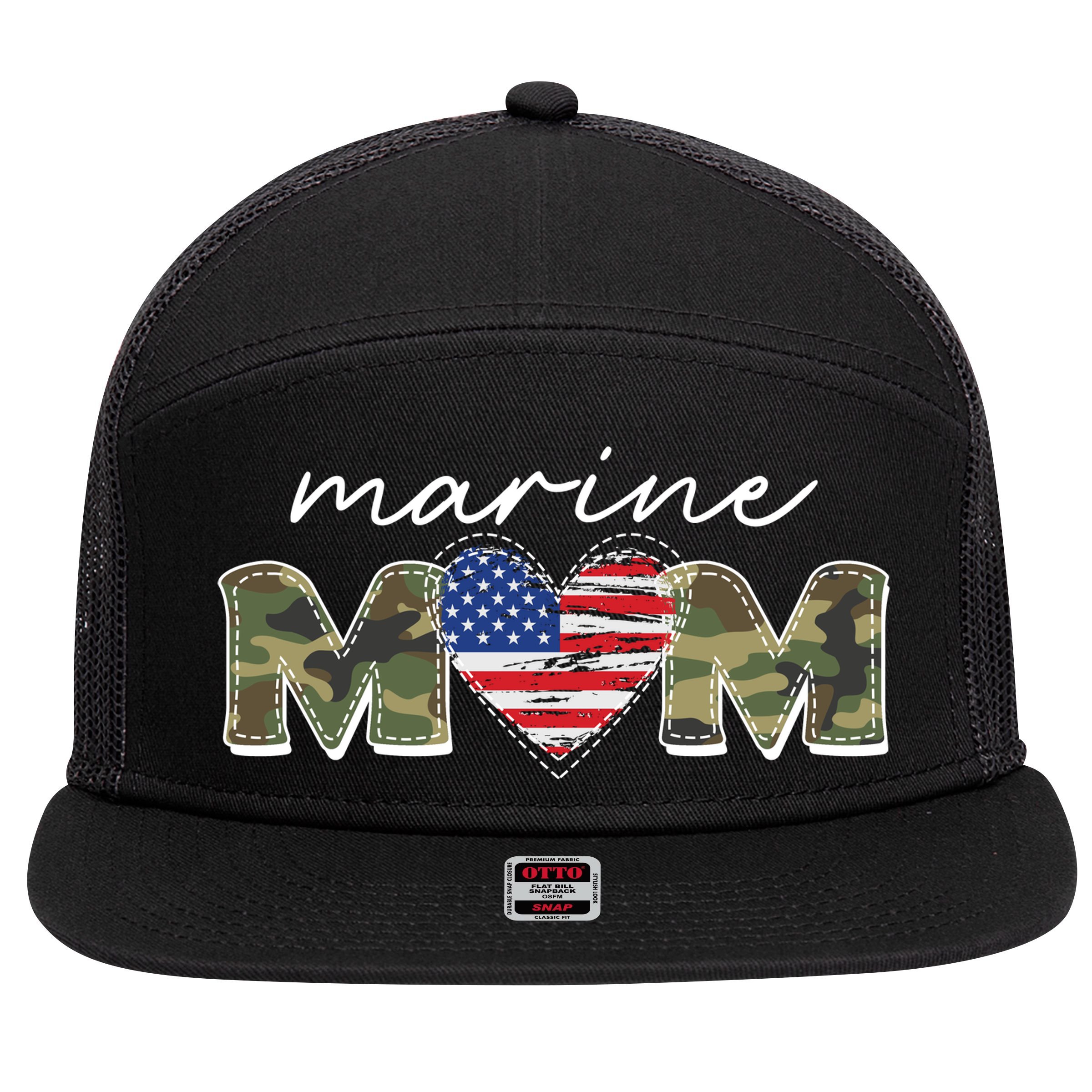 Cute Camouflage Marine Mom American Flag Heart 7 Panel Mesh Trucker Snapback Hat