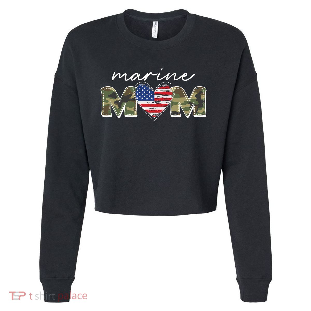 Cute Camouflage Marine Mom American Flag Heart Cropped Pullover Crew