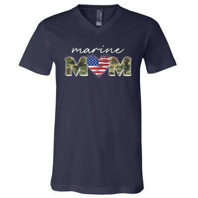 Cute Camouflage Marine Mom American Flag Heart V-Neck T-Shirt