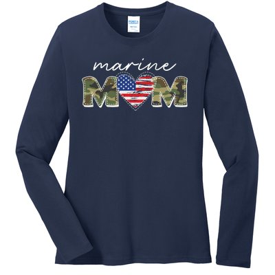 Cute Camouflage Marine Mom American Flag Heart Ladies Long Sleeve Shirt