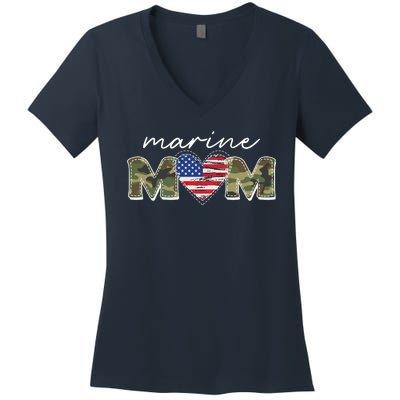 Cute Camouflage Marine Mom American Flag Heart Women's V-Neck T-Shirt