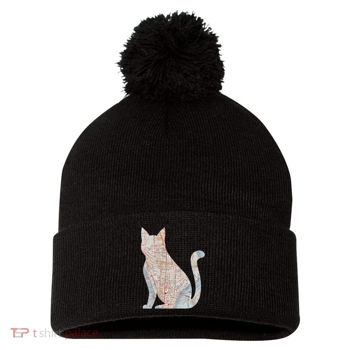City Cat Map Design Unusual Pom Pom 12in Knit Beanie