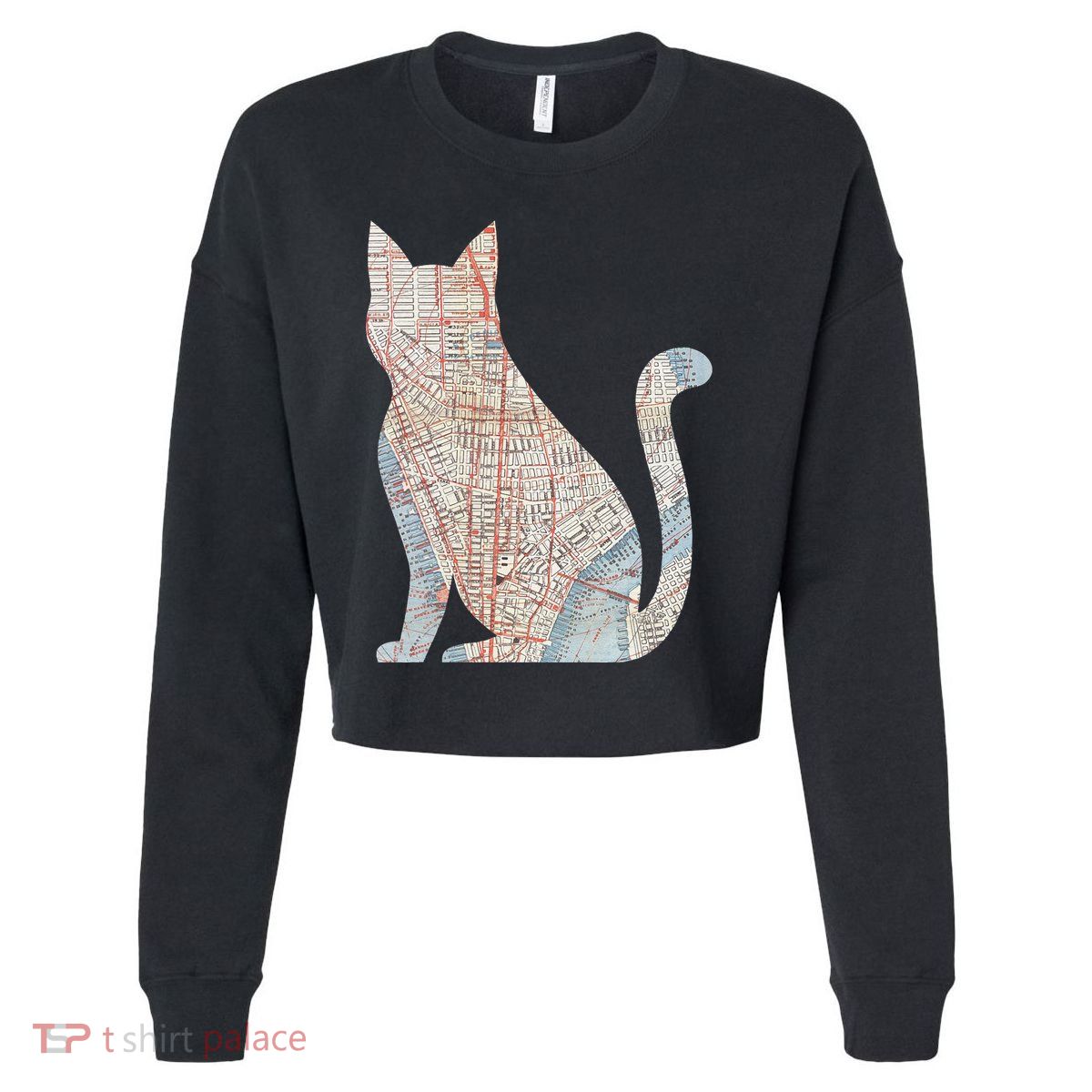 City Cat Map Design Unusual Cropped Pullover Crew