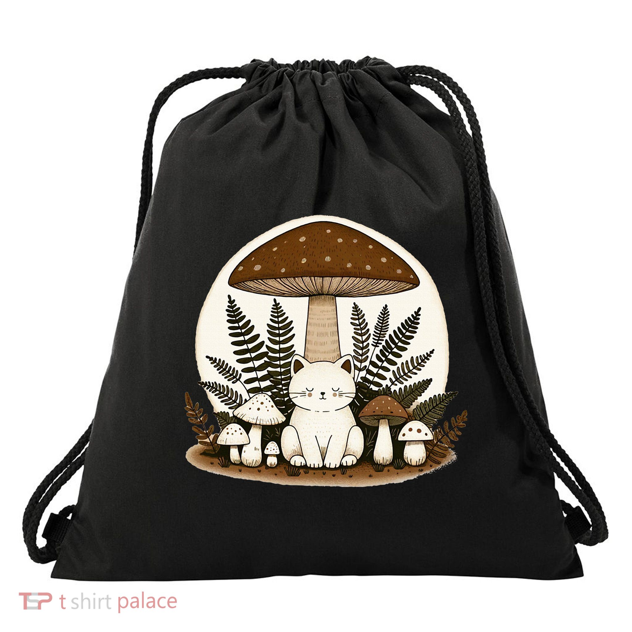Cottagecore Cat Mushroom Drawstring Bag