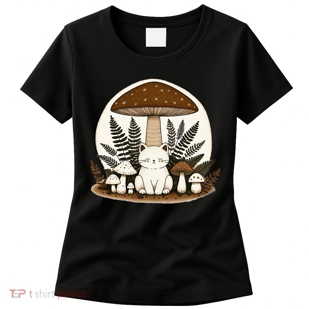 Cottagecore Cat Mushroom Womens T-Shirt