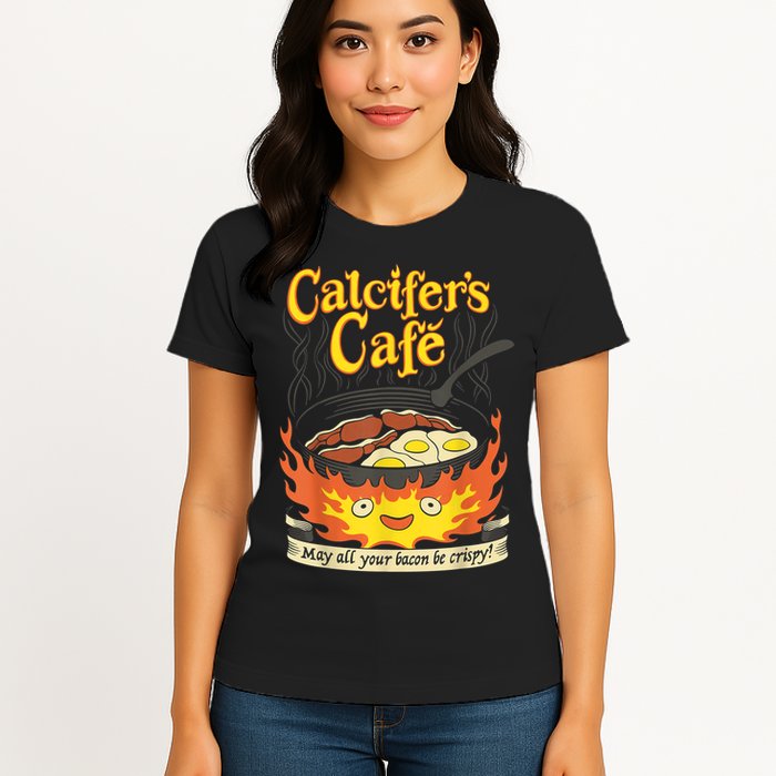 Calcifer's Cafe May All Your Bacon & Eggs Be Crispy Cooking Womens T-Shirt
