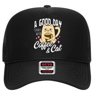 Cat & Coffee Mug Funny Cat Lover Gift High Crown Mesh Back Trucker Hat