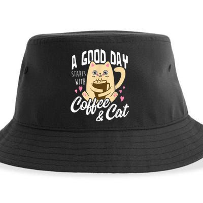 Cat & Coffee Mug Funny Cat Lover Gift Sustainable Bucket Hat