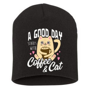 Cat & Coffee Mug Funny Cat Lover Gift Short Acrylic Beanie