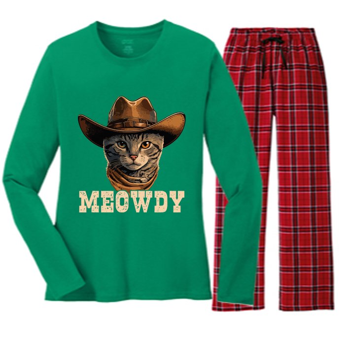 Cowboy Cat Meowdy Women's Long Sleeve Flannel Pajama Set 