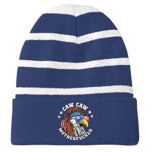 Caw Caw Motherfucker! Eagle Mullet 4th Of July Patriotic Design Striped Beanie with Solid Band