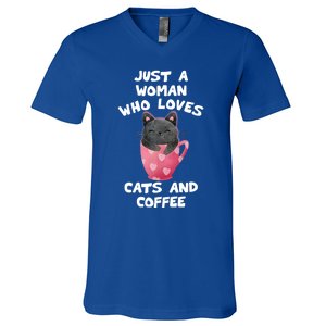 Cat Coffee Mug Just A Who Loves Cats And Coffee Gift V-Neck T-Shirt