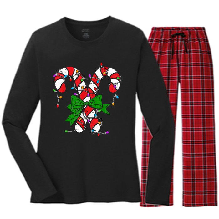 Candy Cane Merry And Bright Christmas Lights Women's Long Sleeve Flannel Pajama Set 