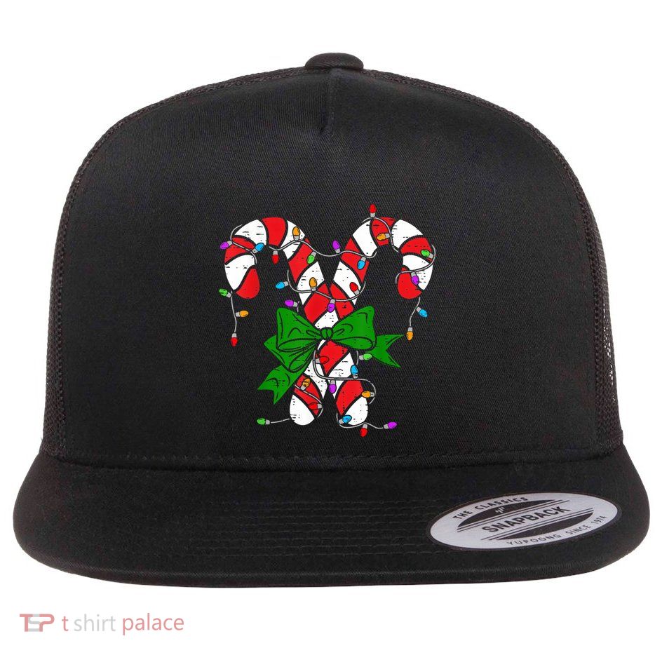 Candy Cane Merry And Bright Christmas Lights Flat Bill Trucker Hat