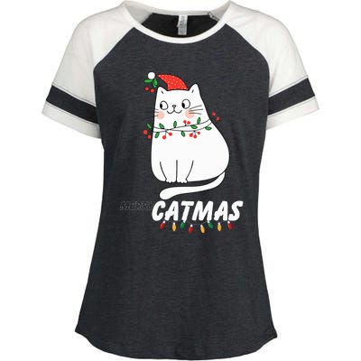 Cute Cat Merry Catmas Christmas Cat Lovers Santa Pajama  Enza Ladies Jersey Colorblock Tee