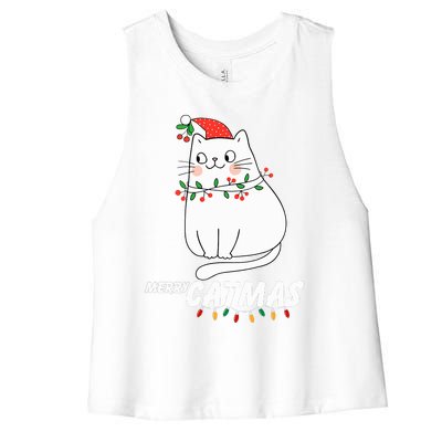 Cute Cat Merry Catmas Christmas Cat Lovers Santa Pajama  Women's Racerback Cropped Tank