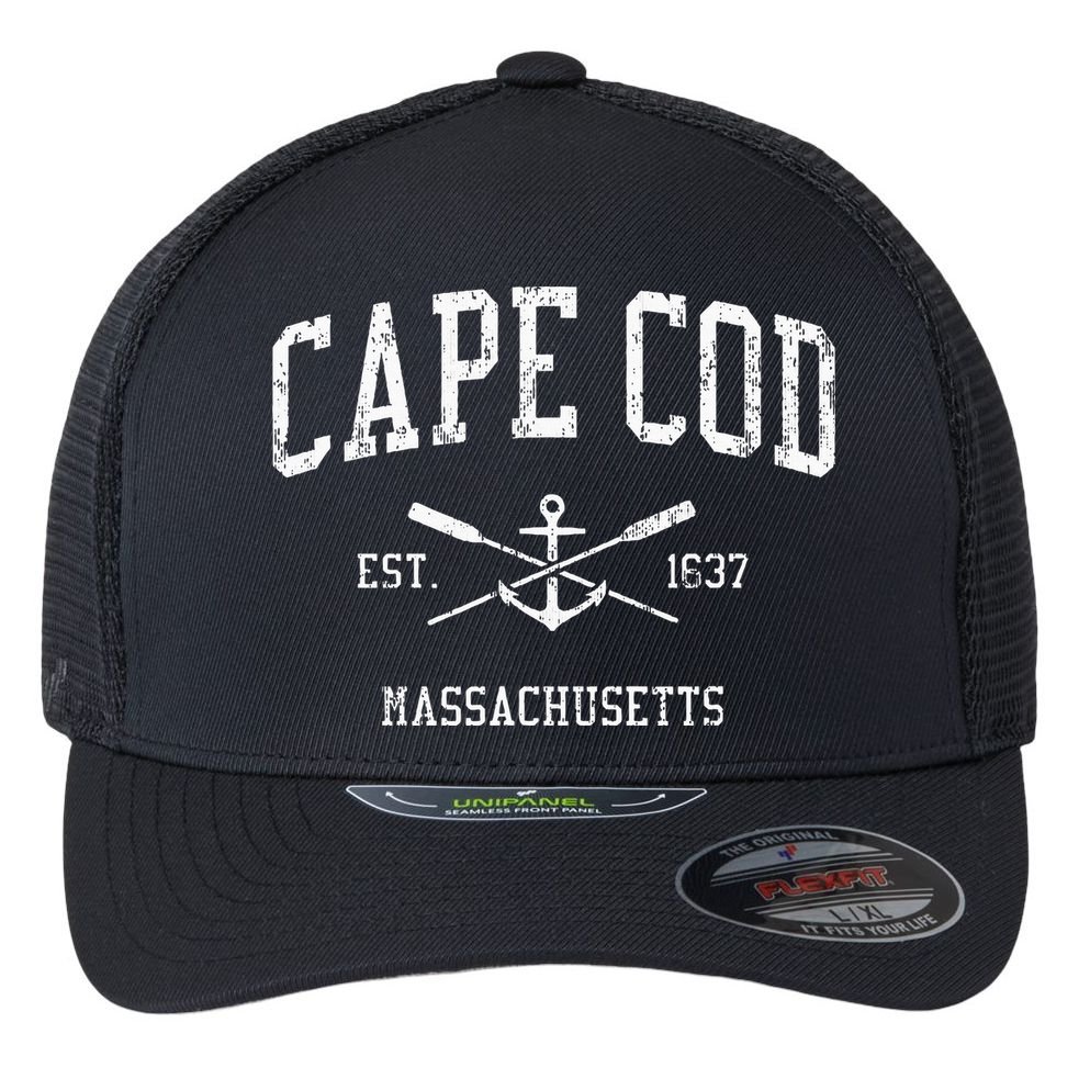 Cape Cod Ma Vintage Crossed Oars & Boat Anchor Sports Flexfit Unipanel Trucker Cap