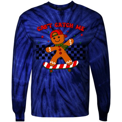 CanT Catch Me Merry Christmas Boy Skateboarding Gingerbread Tie-Dye Long Sleeve Shirt