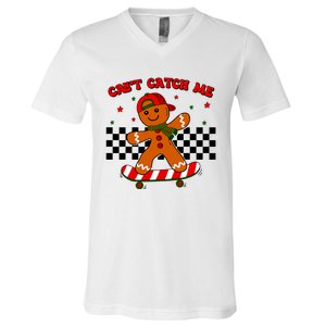 CanT Catch Me Merry Christmas Boy Skateboarding Gingerbread V-Neck T-Shirt