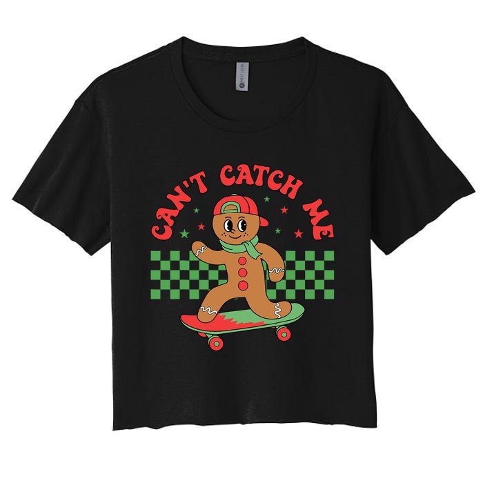 CanT Catch Me Retro Christmas Gingerbread Boy Xmas Women's Crop Top Tee