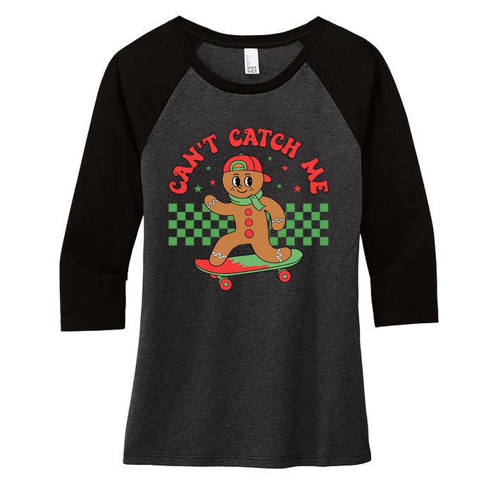 CanT Catch Me Retro Christmas Gingerbread Boy Xmas Women's Tri-Blend 3/4-Sleeve Raglan Shirt