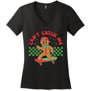 CanT Catch Me Retro Christmas Gingerbread Boy Xmas Women's V-Neck T-Shirt