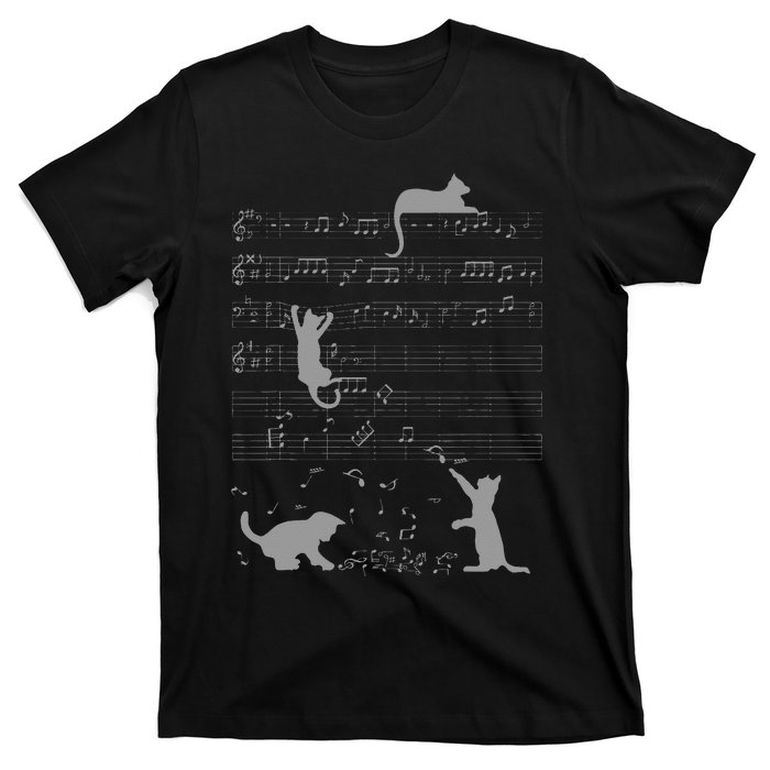 Cute Cats Music Notes Grey Musician Art T-Shirt