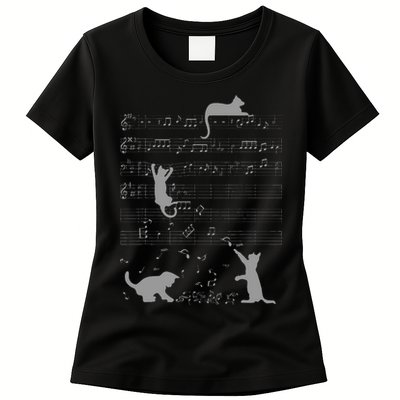 Cute Cats Music Notes Grey Musician Art Womens T-Shirt