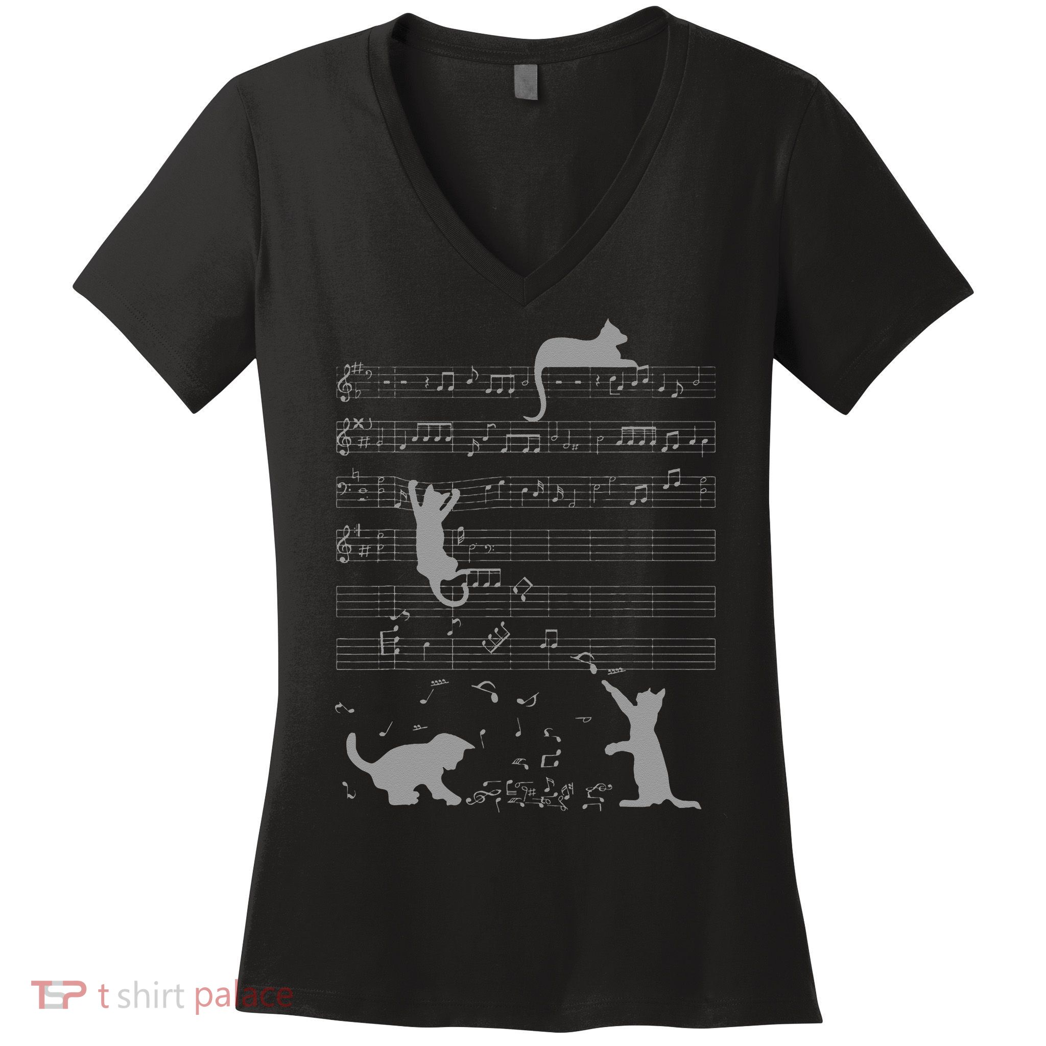 Cute Cats Music Notes Grey Musician Art Women's V-Neck T-Shirt