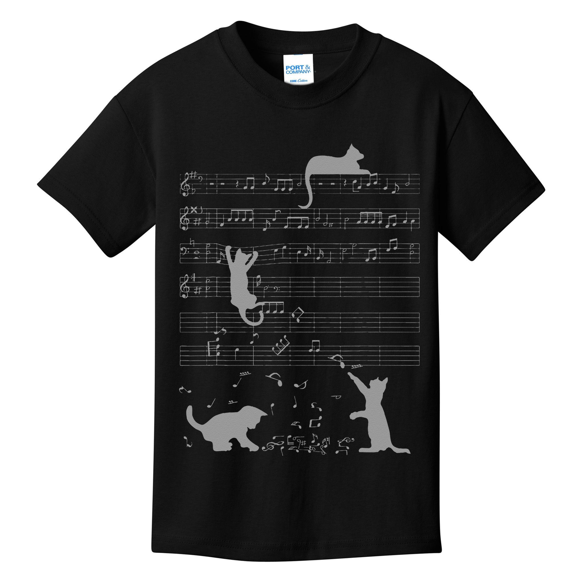 Cute Cats Music Notes Grey Musician Art Kids T-Shirt