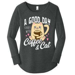 Cat & Coffee Mug Funny Cat Lover Gift Women's Perfect Tri Tunic Long Sleeve Shirt