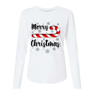 Candy Cane Merry Christmas Red And White Candy Snowflakes Womens Cotton Relaxed Long Sleeve T-Shirt