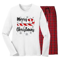 Candy Cane Merry Christmas Red And White Candy Snowflakes Women's Long Sleeve Flannel Pajama Set 