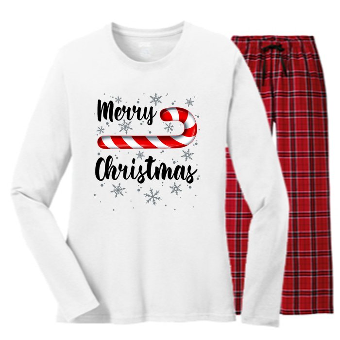 Candy Cane Merry Christmas Red And White Candy Snowflakes Women's Long Sleeve Flannel Pajama Set 