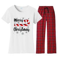 Candy Cane Merry Christmas Red And White Candy Snowflakes Women's Flannel Pajama Set