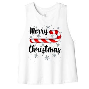 Candy Cane Merry Christmas Red And White Candy Snowflakes Women's Racerback Cropped Tank