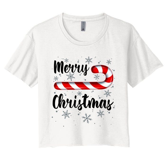 Candy Cane Merry Christmas Red And White Candy Snowflakes Women's Crop Top Tee